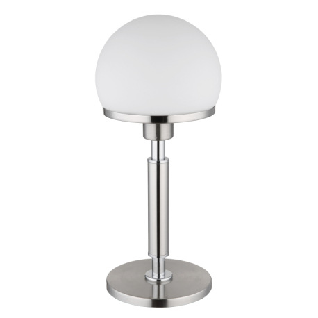 Stolové svietidlo, kov nikel matný, kov chrómovaný, sklo biele, textilný kábel čierny, kolískový vyp 9