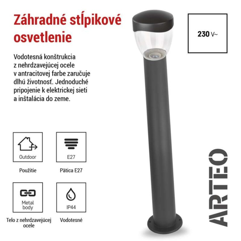 Záhradné stĺpikové svietidlo ARTEO, 12 x 12 x 80 cm, 1 x E27, 15 W 2