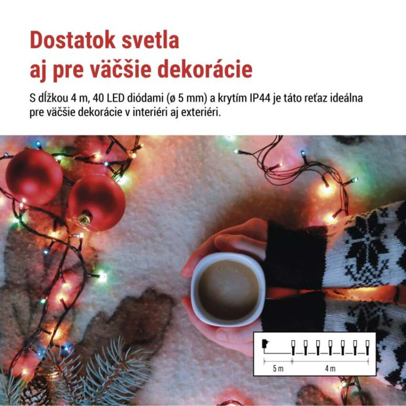 LED vianočná reťaz, 4 m, vonkajšia aj vnútorná, multicolor, programy, časovač 1