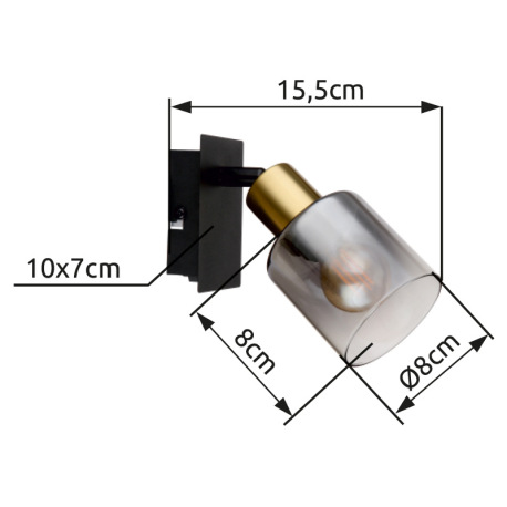 Nástenné svietidlo, kov čierny matný, kov zlatý matný, sklo dymové, priehľadné, kolískový vypínač, Š 6