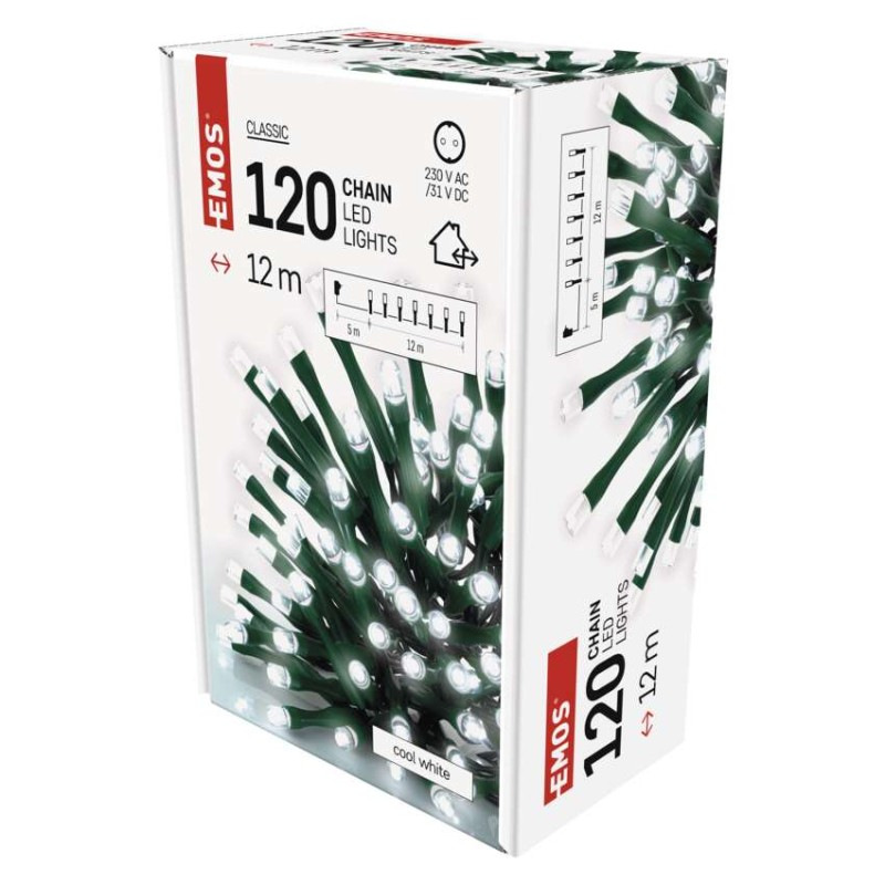 LED vianočná reťaz, 12 m, vonkajšia aj vnútorná, studená biela, časovač