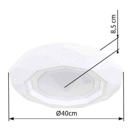 Stropné svietidlo, kov biely, akryl biely s trblietavým efektom, plast priehľadný, chrómový krúžok, 16