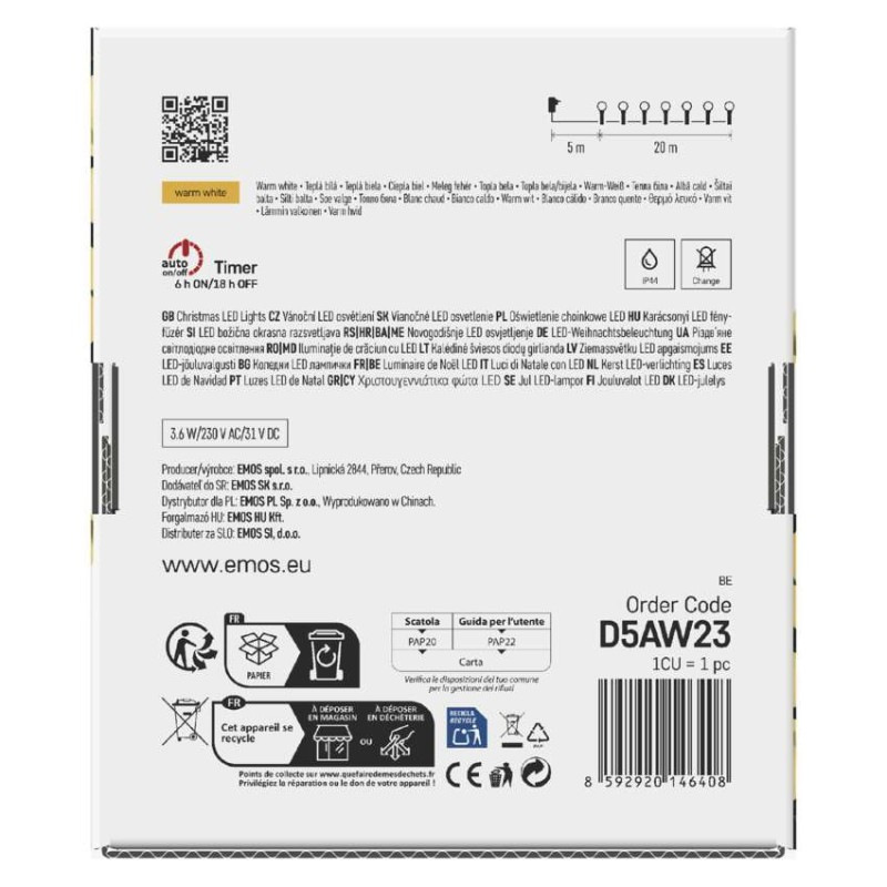 LED vianočná cherry reťaz – guličky, 20 m, vonk. aj vnútor.,teplá biela, programy, časovač 10