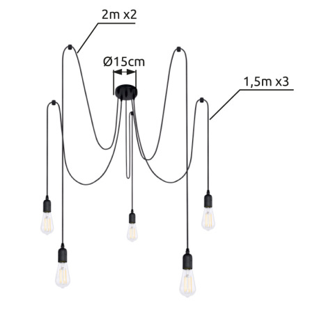Závesné svietidlo, čierny kov, textilný kábel, plast, kábel 2x2m + 3x1,5m, Ø 150, bez žiaroviek 5xE2 12
