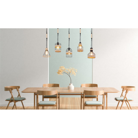 Závesné svietidlo, kov čierny matný, konopné lano hnedé, 5 rôznych tienidiel, čierne reťaze, DxŠxV:1 9