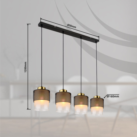 Závesné svietidlo, kov čierny matný, sklo satinované, priehľadné, kov mosadznej farby, čierny textil 10