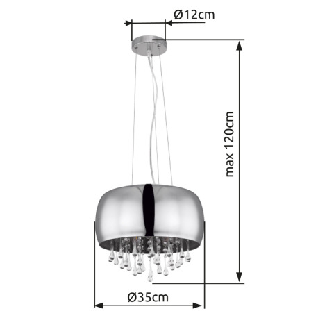 Závesné svietidlo, chróm, sklo dymové, sklenené krištále priehľadné, Ø350, V:1200, bez žiaroviek 5xE 12