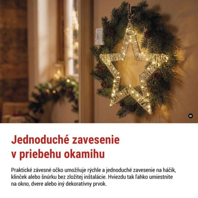 LED dekorácia – závesná hviezda, 3xAA, teplá biela, časovač 7