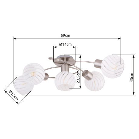 Stropné svietidlo, nikel, sklo priehľadné biele, DxŠxV: 690x430x235, bez žiaroviek 5xE27, max. 40W 2 10