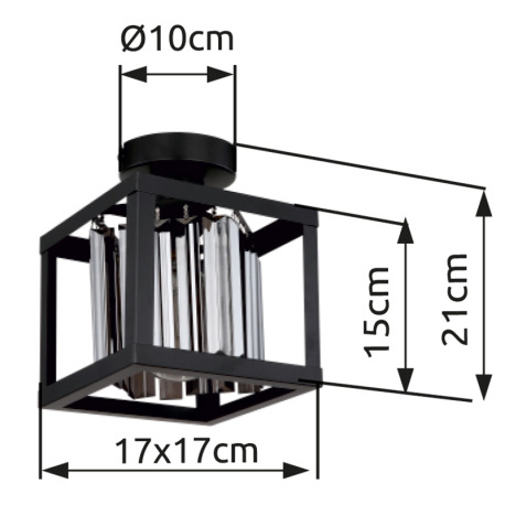 Stropné svietidlo kov čierny matný, sklenené kryštály dymovej farby, DxŠxV: 170x170x210mm, bez žiaro 20
