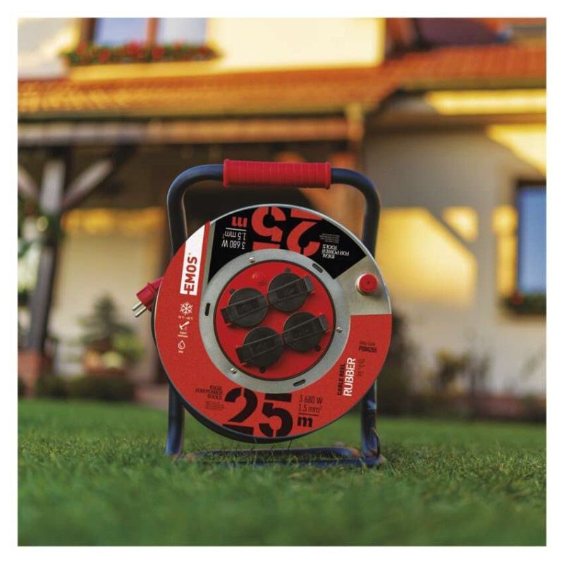 Vonkajší predlžovací kábel na bubne 25 m / 4 zásuvky / čierny / guma / 230 V / 1,5 mm2 5