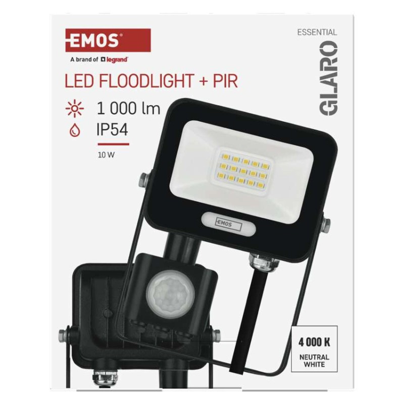 LED reflektor GLARO s pohybovým čidlom, 10 W, čierny, IP54, 1000 lm, neutrálna biela 12