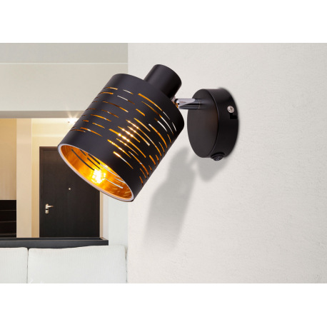 Nástenné svietidlo, kov čierny, plast čierny a zlatý, vypínač, ŠxV:100x145, H:130, bez žiarovky 1xE1 8