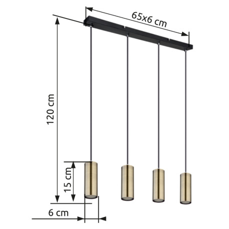 Závesné svietidlo, kov čierny, mosadz, čierny PVC kábel, DxŠxV:650x60x1200mm, bez žiaroviek 4x GU10, 6