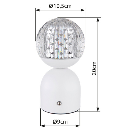 Nabíjateľná stolová lampa, kov biely, akryl číry, krištáľový efekt, stmievateľné, regulácia dotykové 11