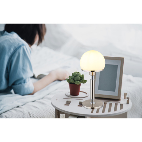 Stolové svietidlo, kov nikel matný, kov chrómovaný, sklo biele, textilný kábel čierny, kolískový vyp 1