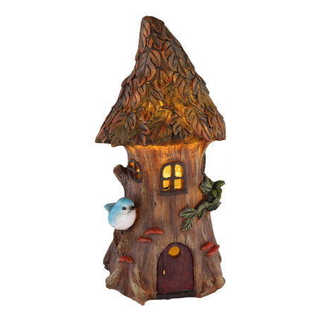 Solárne svietidlo, plast hnedý a zelený, domček z kmeňa stromu, IP44, vypínač, akumlátor V40H 40mAh 10