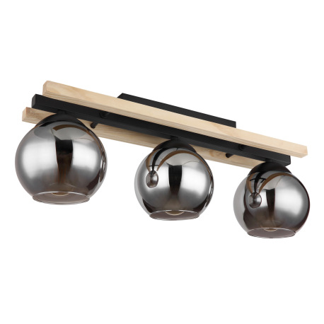 Stropné svietidlo kov čierny matný, prírodné drevo, dymové sklo, DxŠxV: 600x150x205mm, bez žiaroviek 6