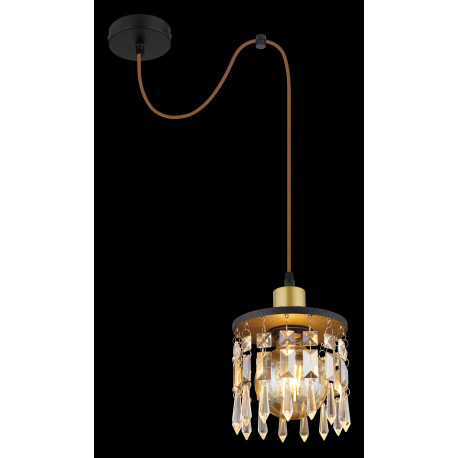 Závesné svietidlo, mosadz, drevo čierne, sklenené krištále, textilný kábel hnedý, nastaviteľná výška 2