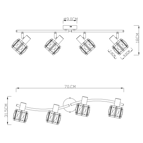 Stropné svietidlo, kov nikel matný, chróm, sklenený kryštál priehľadný, nastaviteľné, DxV:700x180, b 9