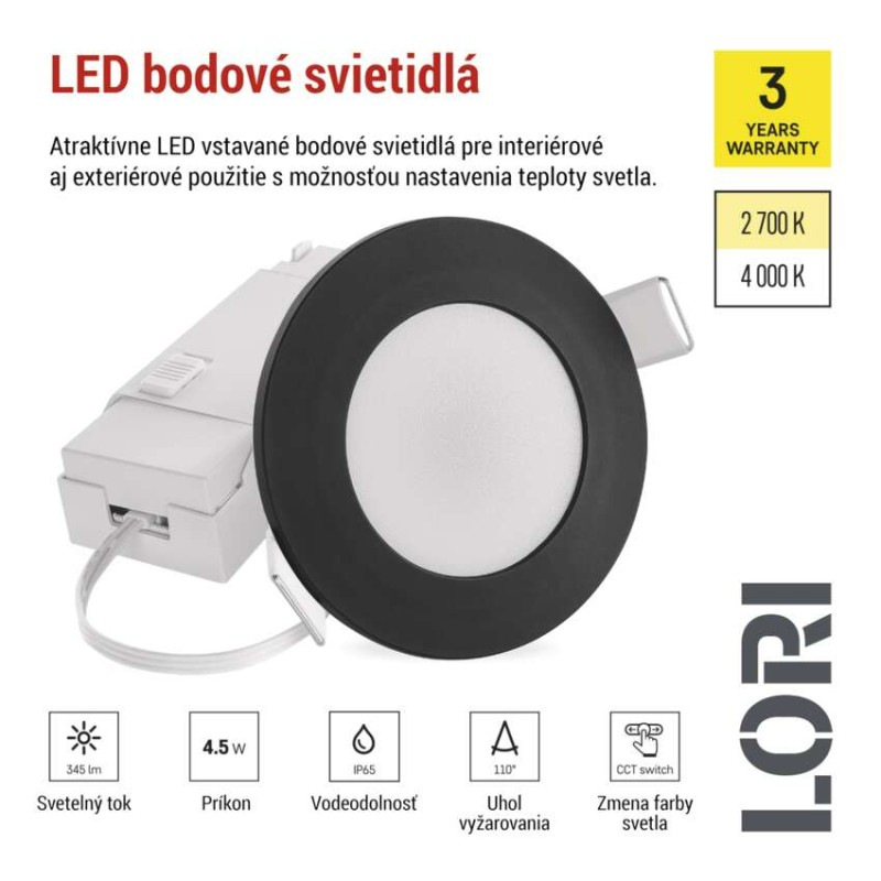 LED SVIETIDLO LORI VST. KR 4,5W 345LM IP65 CCT čierná 4