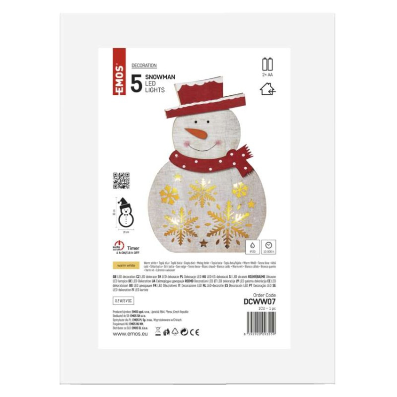 LED vianočný snehuliak drevený, 30 cm, 2x AAA, vnútorný, teplá biela, časovač 5
