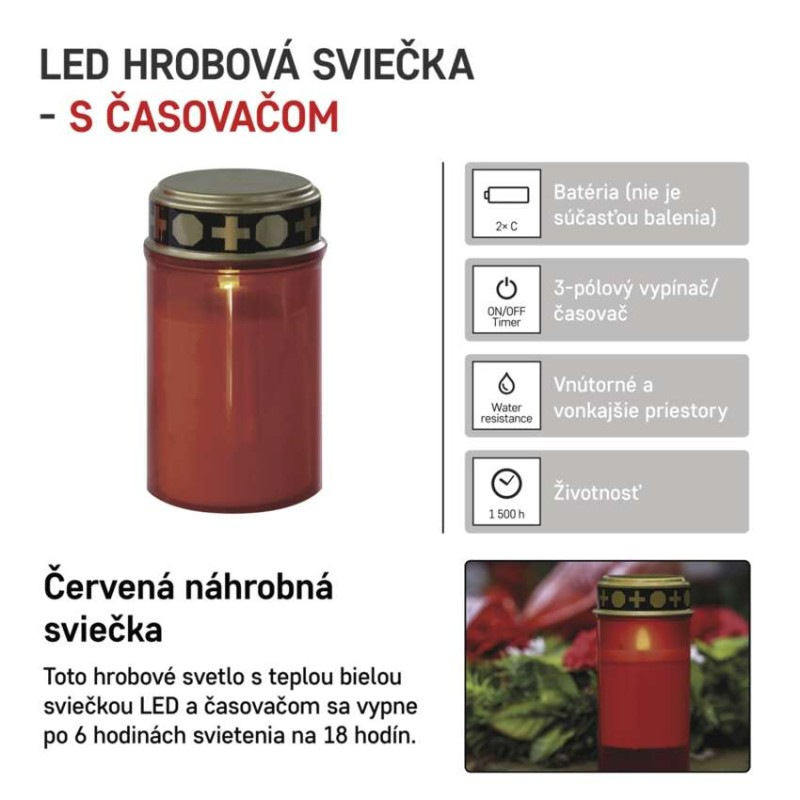 LED náhrobná sviečka červená, 2x C, vonkajšia aj vnútorná, teplá biela, časovač 4