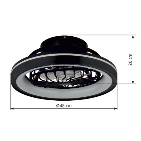 Stropný ventilátor, plast čierny/biely, stmievateľný, niekoľko úrovní cez nástenný spínač, pamäť, no 19