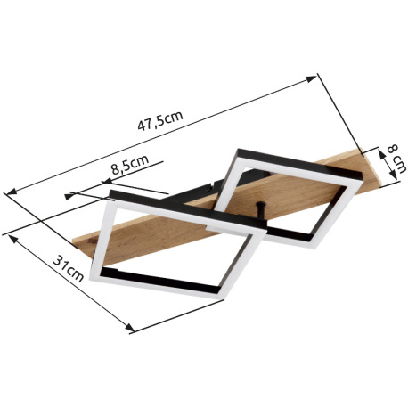 Stropné svietidlo, kov čierny matný, MDF so vzhľadom dreva, plast čierny matný, plast biely, DxŠxV: 16