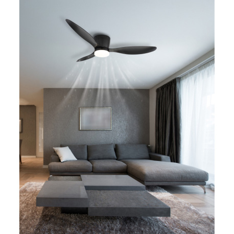 Stropný ventilátor, kov/plast čierny matný, akryl biely, stmievateľný, viac rýchlostí pomocou násten 1