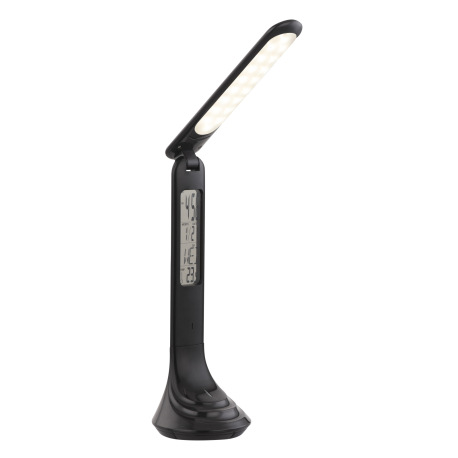 Nabíjateľná stolová lampa, plast, čierna, hodiny, kalendár, budík, s adaptérom, zapnutie dotykom, do