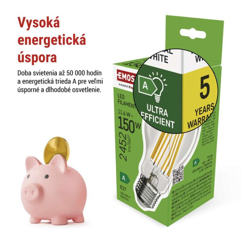 LED žiarovka Filament A70 / E27 / 11.6 W (150 W) / 2 452 lm / neutrálna biela / A CLASS