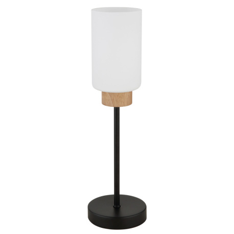 Stolová lampa, matný čierny kov, matné biele sklo, tmavý dub, čierny textilný kábel, kolískový vypín 3