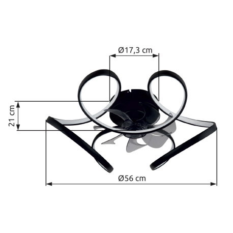 Stropný ventilátor, kov čierny matný, akryl biely, plast priehľadný, stmievateľný, niekoľko úrovní p 13
