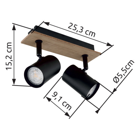Nástenné svietidlo, kov čierny matný, MDF imitácia dreva, DxŠxV: 220x60x152mm, bez žiaroviek 2xGU10, 9