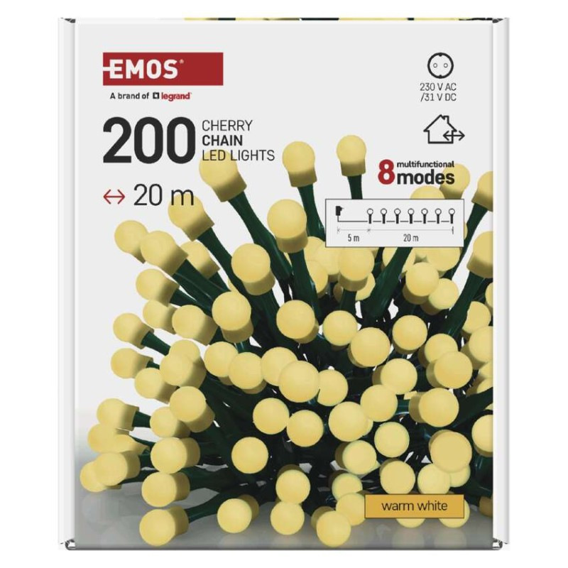 LED vianočná cherry reťaz – guličky, 20 m, vonk. aj vnútor.,teplá biela, programy, časovač 9