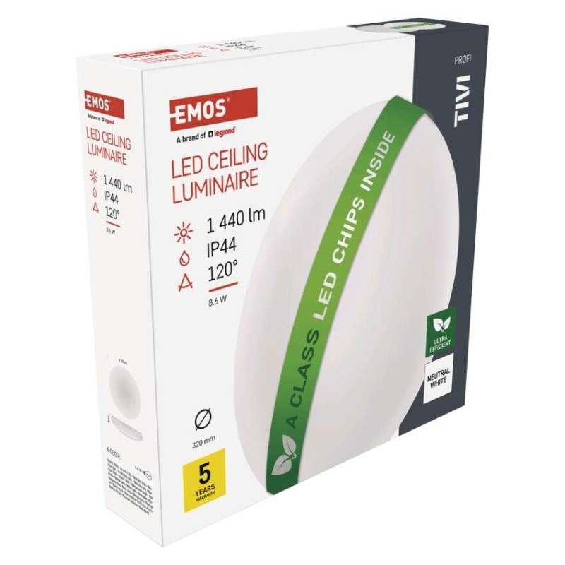 LED stropné svietidlo TIVI, A CLASS, okrúhle biele 8,6W, IP44, Neutrálna biela 9