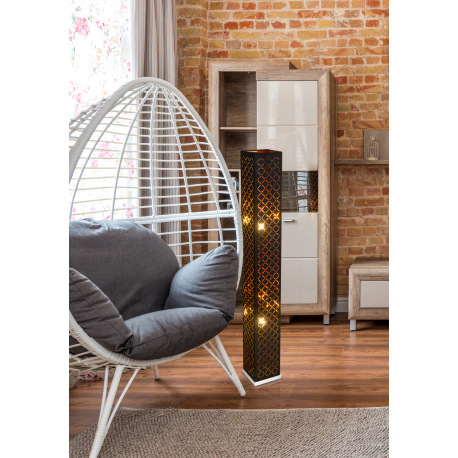 Stojanová lampa, kov, nikel, textil čierny a zlatý, kábel 1,8 m, tienidlo s ozdobným dierovaním, vyp 8