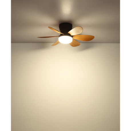 Stropný ventilátor, kov čierny matný, plast imitácia dreva, stmievateľný, viacero rýchlostí pomocou 10