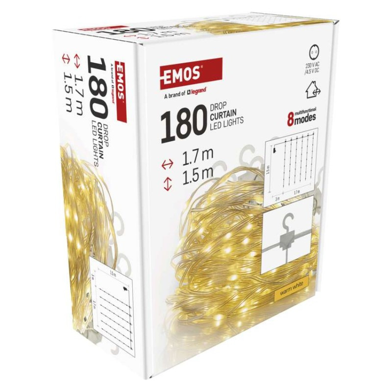 LED vianočná drop reťaz – záclona, 1,7x1,5 m, vonkajšia aj vnútorná, teplá biela, programy 9
