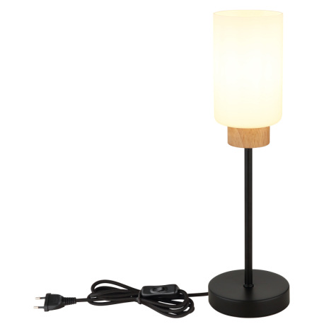 Stolová lampa, matný čierny kov, matné biele sklo, tmavý dub, čierny textilný kábel, kolískový vypín 10