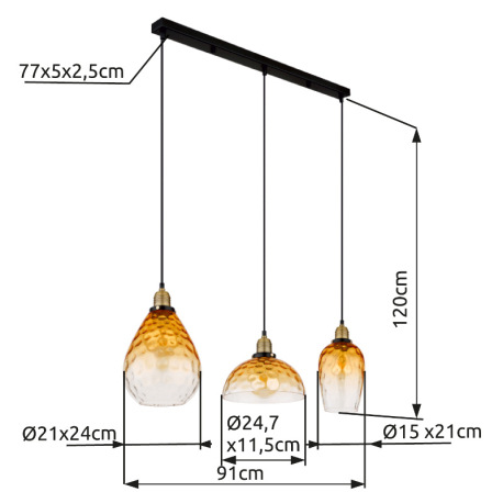 Závesné svietidlo, kov čierny, sklo jantárové, priehľadné, kov mosadzný matný, kábel PVC čierny, mož 7