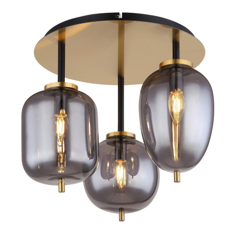 Stropné svietidlo, kov čierny, mosadz, dymové sklo, ø: 460mm, V:360mm, bez žiaroviek 3x E14, max. 40