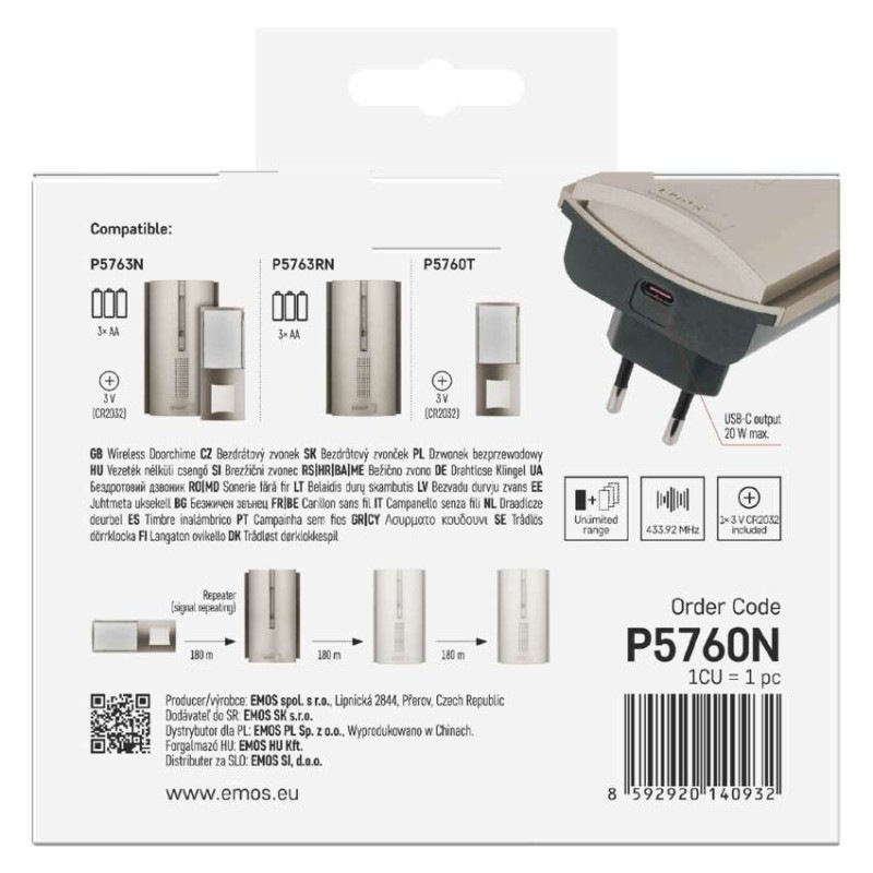 Domový bezdrôtový zvonček P5760N do zásuvky, možnosť predĺženia signálu 12