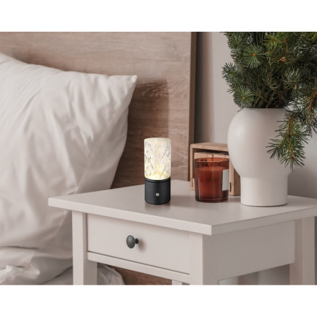 Nabíjateľná stolová lampa, kov čierny matný, akryl číry, kábel PVC čierny, dotykové zapnutie/vypnuti 1
