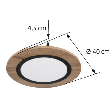 Stropné svietidlo kov čierna matná, MDF imitácia dreva, plast biely, ø: 400mm, V: 45mm, LED 15W 230V 8