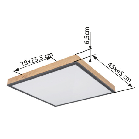 Stropné svietidlo, hliník, grafit, imitácia dreva, akryl biely, rám vo vzhľade dubu, DxŠxV: 450x450x 20