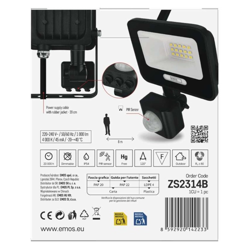 LED reflektor GLARO s pohybovým čidlom, 10 W, čierny, IP54, 1000 lm, neutrálna biela 13