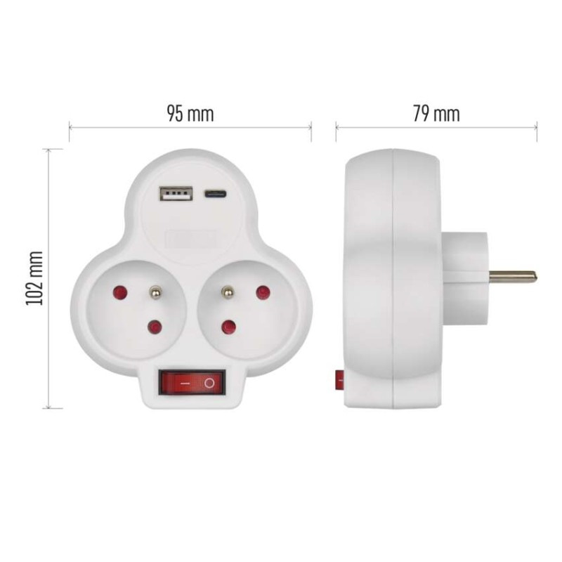 Rozbočovacia zásuvka 2×, vyp., 1×USB-A+1×USB-C, biela 8