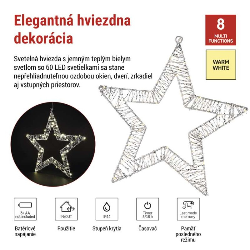 LED dekorácia – závesná hviezda, 3xAA, teplá biela, časovač 4